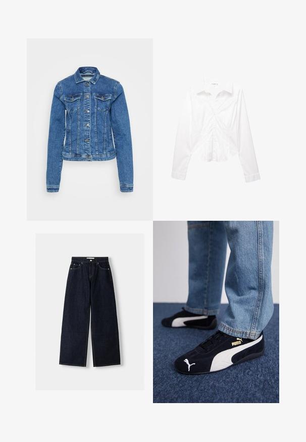 Klasyczna niebieska kurtka dżinsowa o dopasowanym kroju, z długimi rękawami, dwiema kieszeniami na piersiach, zapięciem na guziki oraz subtelnymi elementami blaknięcia.; Biała, długosleeve, dopasowana koszula z guzikami dla kobiet z kołnierzykiem, z delikatnymi detalami szwów i lekko zaokrąglonym dołem.; Granatowe dżinsy z szerokimi nogawkami i wysokim stanem, pięć kieszeni, kontrastowe szwy i srebrne metalowe akcesoria. Gładka tekstura i czyste wykończenie.; Czarne zamszowe sneakersy z białymi akcentami i złotym logo. Noszone z jasnoniebieskimi dżinsami na teksturowanej niebieskiej powierzchni.
