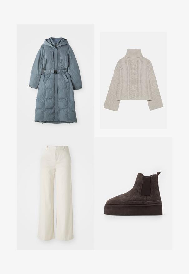 Szürke párnázott kabát kapucnival, hosszú ujjú, elöl cipzárral, két oldalsó zsebbel, övvel behúzott derékkal és steppelt textúrával.; Rövidített, világosszürke kötött pulóver magas gallérral és bordázott mandzsettákkal, hátul és az oldalakon texturált sodrott mintákkal.; Világos bézs színű, széles lábú nadrág, sima anyagból készült. Klasszikus derékrésszel és lapos elülső résszel, letisztult vonalakkal rendelkezik.; Barna nubuk Chelsea csizma elasztikus oldalsó panelekkel és vastag, textúrázott talppal. A saroknál található húzófül megkönnyíti a felhúzást.