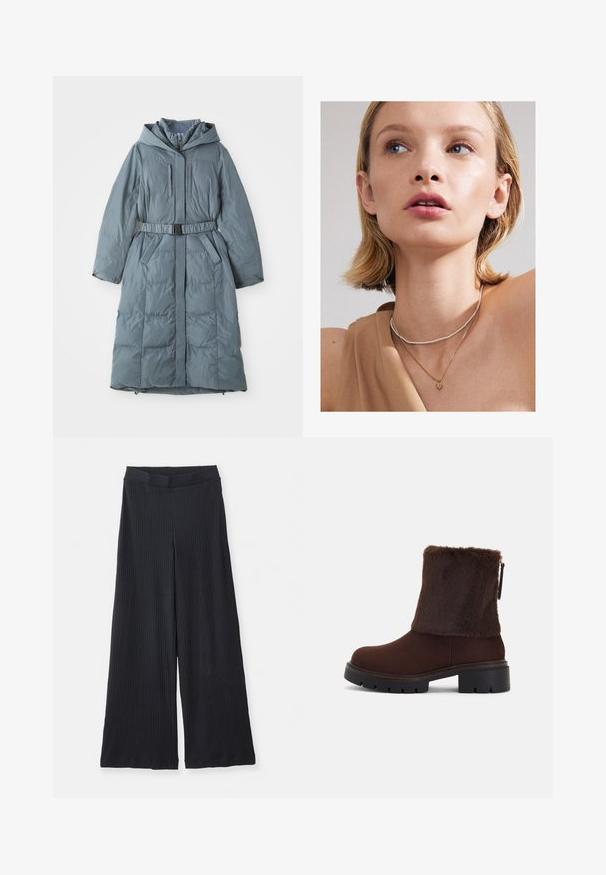 Šedý zateplený kabát s kapucí, dlouhými rukávy, předním zipem, dvěma bočními kapsami, staženým pasem s páskem a prošívanou strukturou.; Pruhovaná košile v krémové a světle hnědé barvě, s knoflíkovým zapínáním v přední části, límcem a dlouhými rukávy s mírně zakřiveným lemem.; Černé proužkované široké kalhoty s elastickým pasem položené na bílém pozadí.; Hnědá kotníčková bota s měkkým umělým kožíškem na svršku, chunky podpatkem a strukturovanou gumovou podrážkou. Postranní zip a prošívaný detail kolem spodního okraje.; Zlatý srdcový přívěsek na náhrdelníku vrstvený s jemným stříbrným korálkovým chokerem, nošený s béžovým topem. Pleť je hladká a mírně osvětlená.