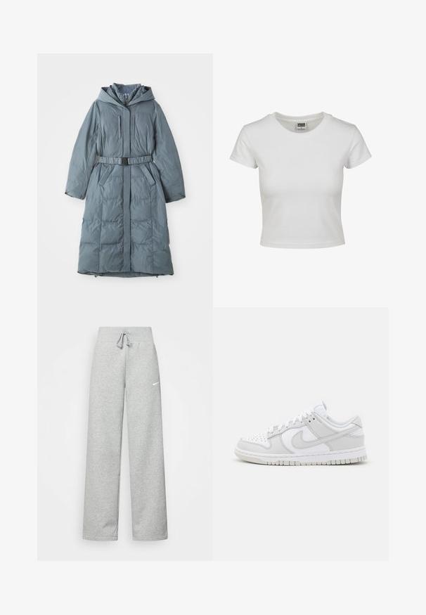 Szary ocieplany płaszcz z kapturem, długimi rękawami, zamek z przodu, dwoma bocznymi kieszeniami, ściągnięta talia z paskiem i pikowanym wzorem.; Biała bawełniana koszulka z klasycznym okrągłym dekoltem, krótkimi rękawami i dopasowanym krojem. Brak widocznych wzorów lub akcentów.; Szare dresy z elastycznym pasem, szczegóły ze sznurkiem i małym białym logo Nike na lewej udzie. Miękka tkanina, luźny krój.; Białe skórzane trampki z szarymi akcentami, perforowanym noskiem, płaskimi sznurowadłami, wyściełanym kołnierzem i teksturowaną gumową podeszwą.