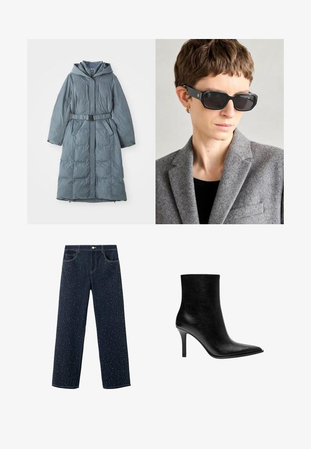 Siva podložena jakna s kapuco, dolgimi rokavi, zadrgo spredaj, dvema stranskima žepoma, zategnjenim pasom z pasom in prešito teksturo.; Kremna majica z dolgimi rokavi, širokim izrezom in razširjenimi rokavi. Gladek, lahek material. Preprost, minimalističen dizajn brez okraskov.; Temno modri kavbojke s širokim krojem, okrašene z razpršenimi kristalčki na sprednji strani. Klasičen kroj s petimi žepi.; Črne usnjene gležnjarje z odvotljenim nosom, ožjim stiletto petami, gladko teksturo in minimalističnim dizajnom. Brez vidnih kovinskih elementov ali okraskov.; Črne pravokotne sončne očala s temnimi lečami, matirano dno in zlatim logotipom na ročaju; nosijo jih z sivo volneno blazerko in črnim zgornjim delom.