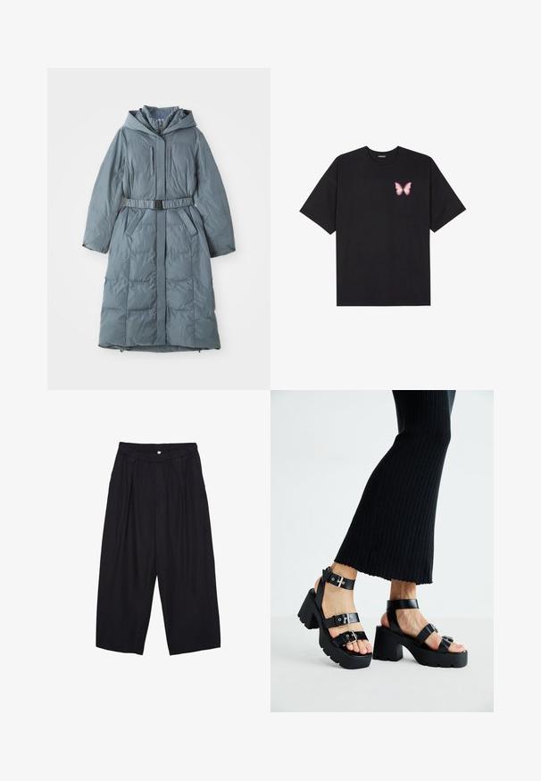 Sivi podstavljeni kaput s kapuljačom, dugim rukavima, prednjim patentnim zatvaračem, dva bočna džepa, strukiran s remenom i kviltanom teksturom.; Crna pamučna majica s kratkim rukavima, s malim grafičkim prikazom ružičaste vjetricaste s desne strane na prsima. Dizajn s okruglim izrezom i opuštenim krojem.; Crne poliester hlače culotte s elastičnim pojasom, dva prednja nabora i širokim krojem. Nema vidljivih uzoraka ili metalnih detalja.; Crne platforme sandale s debelim, nazubljenim potplatima i višestrukim trakama, s metalnim kopčama i glatkom teksturom koja podsjeća na kožu.