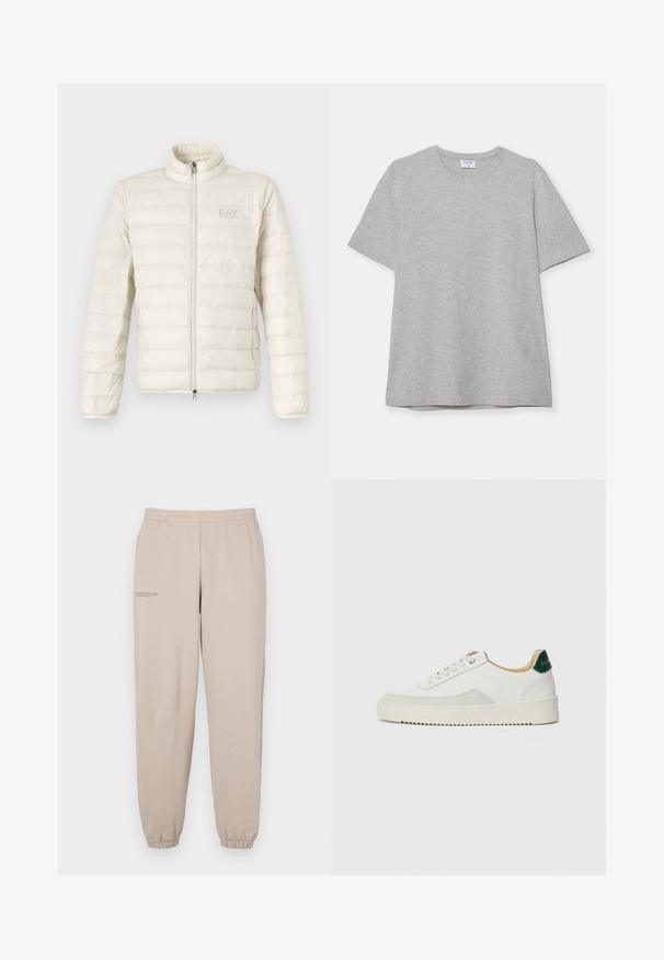 EA7 Emporio Armani JACKET - Casaco de penas - whitecap gray; T-shirt cinza de mangas curtas feito de um tecido macio e texturizado. Possui um colarinho clássico redondo e uma bainha reta, adequado para uso casual.; Calças de moletom bege feitas de um tecido suave, com uma cintura elástica e punhos, apresentando um pequeno detalhe de texto impresso na perna esquerda.; Tênis brancos com detalhes em camurça, bico arredondado, atacadores planos e sola de borracha creme. Apresenta uma marcação verde no calcanhar.