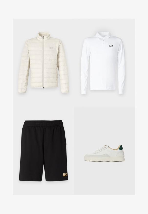 EA7 Emporio Armani JACKET - Sulejope - whitecap gray; Valge pika varrukaga polo särk, mis on valmistatud puuvillast, klassikalise krae, kolme nööbiga ja musta EA7 logoga rinnaosas.; Mustad mustad lühikesed püksid, mis on valmistatud pehmest kangast. Omavad elastset vöökohta ja väikest kollast EA7 logo vasakul jalal.; Valged tennisjalanõud, millel on sametised aktsendid, ümar varvas, lame nöörid ja kreemjas kummine põhja. Hästi nähtav roheline bränding kannal.