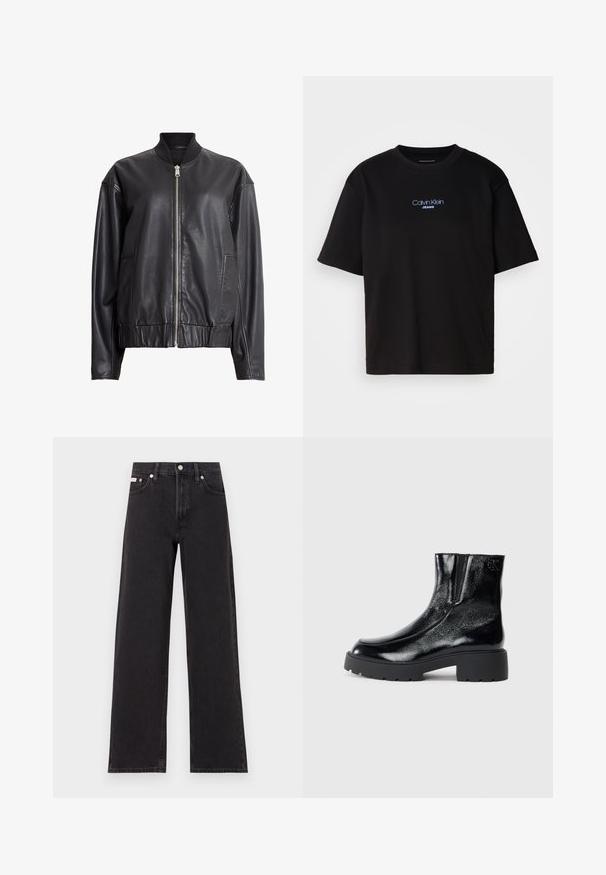 Černá kožená bomber bunda s hladkou texturou, žebrovaným límcem, zapínáním na zip a bočními kapsami. Obsahuje přiléhavý pas.; Černé bavlněné tričko s kulatým výstřihem a krátkými rukávy, s modrou vyšitou nášivkou "Calvin Klein JEANS" na přední straně.; Černé široké jeansy vyrobené z denimu, s vysokým pasem, pěti kapsami a kovovým zapínáním s kontrastním prošíváním.; Černé kotníkové boty s lesklým lakovaným povrchem, robustní černou gumovou podešví a zvýšeným podpatkem; obsahují jemný logo detail na boku.