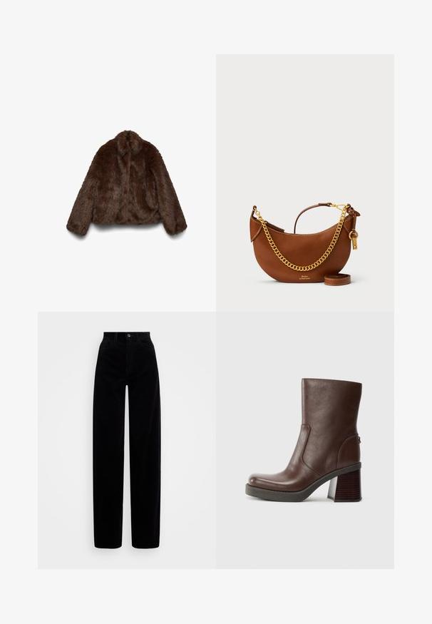 Casaco castanho de pele falsa com textura suave, gola alta e mangas compridas; design cropped que realça a sua forma volumosa.; Suéter castanho de malha grossa com gola alta e bainha canelada. Apresenta mangas longas e um corte descontraído, feito de um material têxtil suave.; Calças de corduroy pretas com cintura alta, design de perna larga e um único botão frontal. Textura suave com nervuras verticais.; Botim de tornozelo em pele castanha com bico arredondado, textura suave e salto de madeira robusto. Detalhe de costura lateral e um brilho subtil.; Bolsa de mão de couro castanho com um design curvado, alça de corrente dourada, bolso interior e uma alça de ombro destacável. Apresenta costura em contraste.