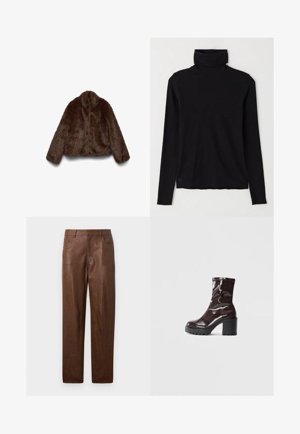 Ruskea tekoturkistakki, pehmeällä tekstuurilla, korkealla kauluksella ja pitkillä hihansuilla; lyhyt malli korostaa takin runsasta muotoa.; Musta poolkaulusneule, joka on valmistettu ribbikankaasta. Pitkät hihat, tiukka muotoilu ja hieman rento helma, jossa ei ole näkyviä kuvioita tai metalliosia.; Ruskeat nahkahousut, joissa on sileä pinta, suora lahjemuotoilu ja kaksi sivutaskua. Ominaisuuksiin kuuluu näkyvät ompeluyksityiskohdat.; Satea bordeaux berwarna mengkilap dengan tumit hitam tebal, menampilkan tekstur halus dan desain sederhana. Tanpa pengikat atau pola yang terlihat.