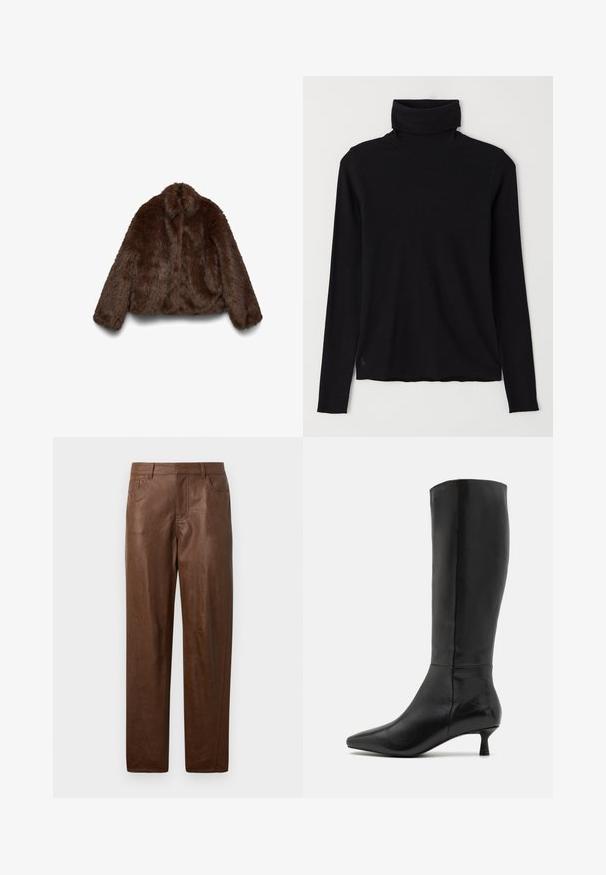Brun jakke i kunstpels med blød tekstur, høj krave og lange ærmer; cropped design fremhæver dens voluminøse form.; Sort turtleneck sweater lavet af ribbet stof. Lange ærmer, tætsiddende design og en let afslappet kant uden synlige mønstre eller hardware.; Brune læderbukser med en glat tekstur, lige ben-design og to sidelommer. Har synlige stikningsdetaljer.; Zign Høje støvler/ Støvler - black