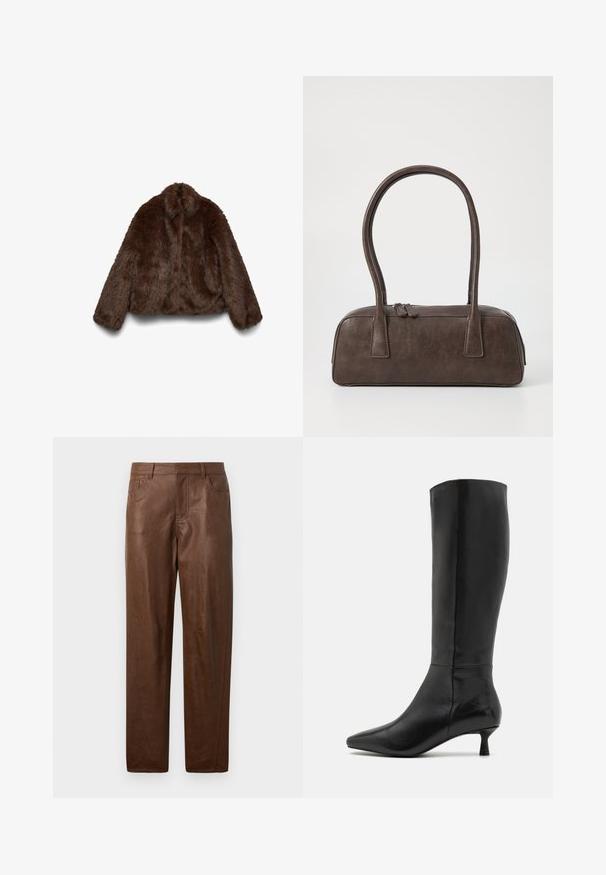 Brun jakke i kunstpels med blød tekstur, høj krave og lange ærmer; cropped design fremhæver dens voluminøse form.; Sort turtleneck sweater lavet af ribbet stof. Lange ærmer, tætsiddende design og en let afslappet kant uden synlige mønstre eller hardware.; Brune læderbukser med en glat tekstur, lige ben-design og to sidelommer. Har synlige stikningsdetaljer.; Zign Høje støvler/ Støvler - black; Brun lædertaske med to robuste håndtag, rektangulær form, glat tekstur og lynlås lukning. Minimalistisk design uden synlige mønstre.