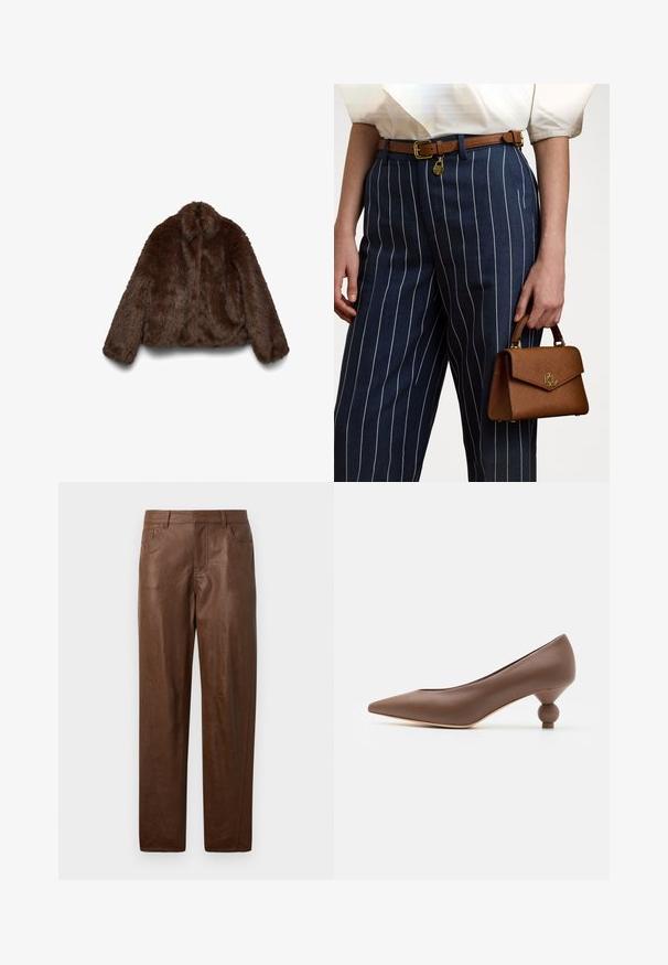 Ruskea tekoturkistakki, pehmeällä tekstuurilla, korkealla kauluksella ja pitkillä hihansuilla; lyhyt malli korostaa takin runsasta muotoa.; Musta poolkaulusneule, joka on valmistettu ribbikankaasta. Pitkät hihat, tiukka muotoilu ja hieman rento helma, jossa ei ole näkyviä kuvioita tai metalliosia.; Ruskeat nahkahousut, joissa on sileä pinta, suora lahjemuotoilu ja kaksi sivutaskua. Ominaisuuksiin kuuluu näkyvät ompeluyksityiskohdat.; Ruske kožne čevlje na visoki peti s špičastim nosom in edinstvenim zaobljenim krogličnim petam. Gladka tekstura, eleganten dizajn in minimalistični detajli.; Ruskea teksturoitu käsilaukku, jossa on kultaiset yksityiskohdat, pidetään rinnakkain tummansinisille raidallisille housuille, joissa on valkoisia pystysuoria viivoja. Yksinkertainen, jäsennelty muotoilu.