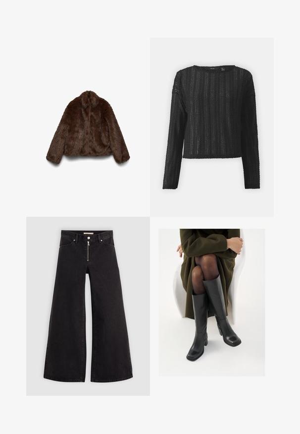 Brown faux fur jacket with a soft texture, high collar, and long sleeves; cropped design enhances its voluminous shape.; Black, long-sleeve knit sweater with a textured pattern, round neckline, and a cropped fit. Material appears lightweight and breathable.; Wide-leg jeans in black denim with a zippered front, five-pocket design, and subtle stitching details. Smooth texture and casual style.; Knee-high black leather boots with a squared toe and block heel, shown with a model seated in an olive green coat. Smooth texture, minimal detailing.