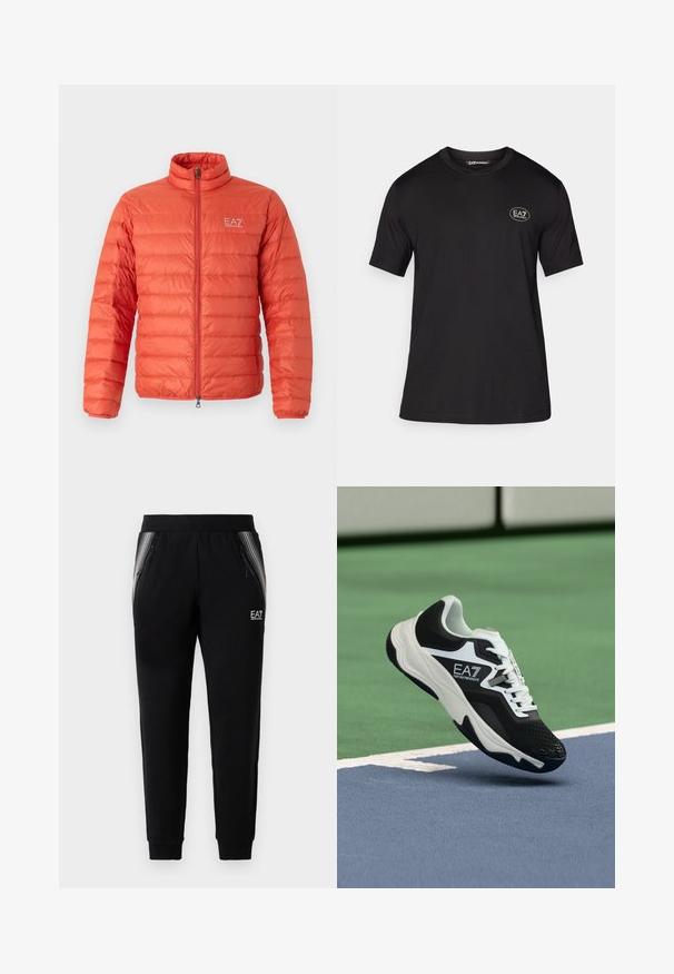 EA7 Emporio Armani JACKET - Dūnu jaka - summer fig; Melnā īsām piedurknēm T-krekls, kas izgatavots no mīksta auduma, ar apaļu kakla izgriezumu un mazu baltu logotipu kreisajā krūtīs.; Melnas šauras sporta bikses ar rāvējslēdzēja sānu kabatām, svītrām akcentiem, elastīgu jostasvietu un EA7 Emporio Armani logo labajā augšstilbā.; Melnā un baltā krāsā EA7 Emporio Armani sporta apavi, kas karājas virs zila un zaļa tenisa korta līnijām.