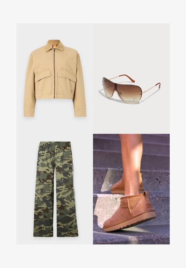 Przycięta beżowa kurtka z kołnierzem z kordurowej tkaniny, z przodu na zamek błyskawiczny i dwoma dużymi kieszeniami naszytymi. Wykonana z mocnego materiału bawełnianego.; Szary rozpoczynający się na suwak hoodie z dużym kapturem, długimi rękawami i kieszeniami z przodu. Gładka tekstura, luźny krój i minimalne detale.; Biała bawełniana koszulka na ramiączkach z szerokimi paskami, okrągłym dekoltem i gładką, prążkowaną strukturą. Brak wzorów i akcentów.; Spodnie cargo w kamuflażowym wzorze w odcieniach zieleni i brązu, o szerokim kroju, z elastycznym paskiem w talii i kieszeniami bocznymi w paski.; Brązowe zamszowe botki za kostkę o miękkiej teksturze, z przeszyciami i gumową podeszwą, wyposażone w pętelkę na pięcie dla łatwego zakładania.; Okulary przeciwsłoneczne z brązowym gradientowym szkłem, metalową oprawą oraz dekoracyjnym wzorem gwiazdy z cyrkoniami w dolnym prawym rogu szkła.