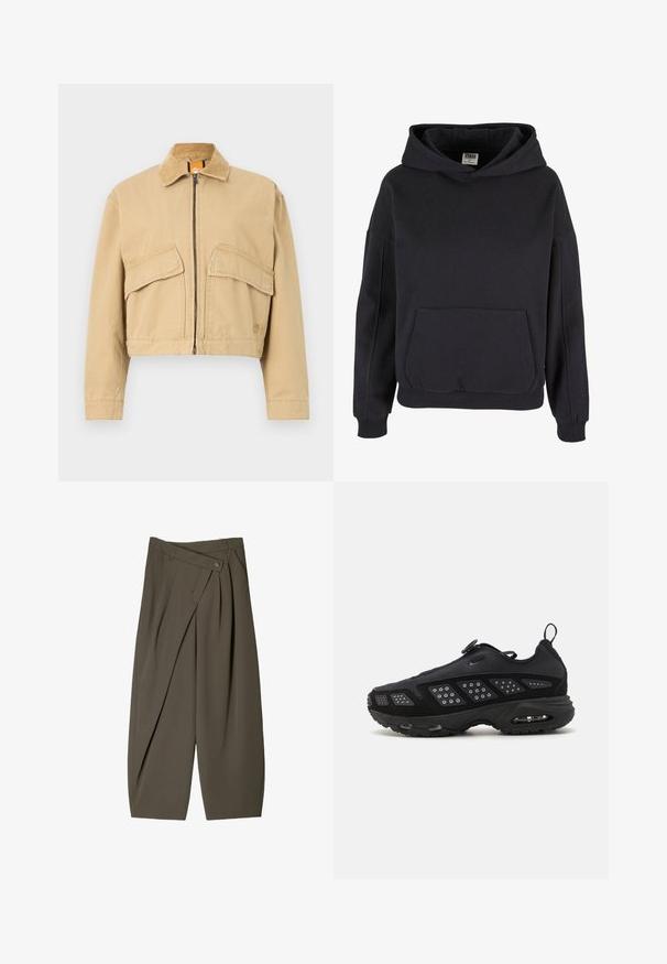 Przycięta beżowa kurtka z kołnierzem z kordurowej tkaniny, z przodu na zamek błyskawiczny i dwoma dużymi kieszeniami naszytymi. Wykonana z mocnego materiału bawełnianego.; Czarny bawełniany hoodie z przestronną kieszenią typu kangur, dużym kapturem, ściągaczami na mankietach i u dołu. Prosty, zakładany fason bez widocznych wzorów.; Szerokie spodnie w ciemnooliwkowym kolorze, z plisowanym przodem, z zapięciem na guzik oraz polerowaną, teksturowaną powierzchnią.; Czarne buty sportowe z amortyzowaną podeszwą, siateczkową cholewką i teksturowanymi akcentami. Zawierają pętelkę i okrągły zamek na górze.