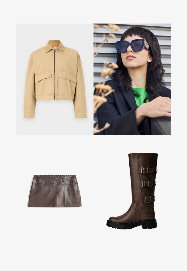 Zkrácená béžová bunda s kordovým límcem, předním zipem a dvěma velkými našitými kapsami. Vyrobeno z odolného bavlněného materiálu.; Zkrácená bílá košile s krátkým límcem, dlouhými rukávy a hladkým povrchem. Obsahuje přední límec s odpovídajícími knoflíky.; Hnědá kožená mini sukně s kovovými cvočky na pase a poutkem na opasek s přezkou, hladká textura a elegantní, rovný střih.; Hnědá kožená vysoká bota po kolena se třemi kovovými sponami, texturovaným povrchem, zaoblenou špičkou a robustní podrážkou pro stabilitu.; Příliš velké černé sluneční brýle s tlustým rámem a zlatým akcentem, nošené s černým sako a jasně zelenou košilí, na horizontálním pozadí.; Hnědá kožená kabelka hobo s volným designem a hladkým povrchem. Nositelná neformálně modelem, s velkým otvorem a zaobleným tvarem.