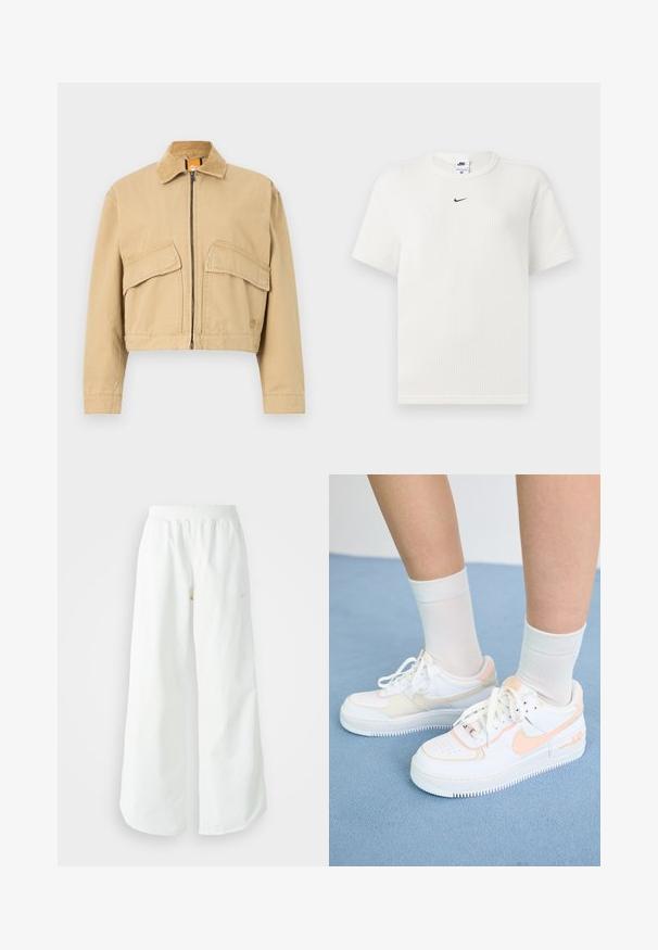 Zakrátkaná béžová bunda s kordovým golierom, predným zipsom a dvoma veľkými náprsnými vreckami. Vyrobená z pevného bavlneného materiálu.; Biela rebrovaná tričko s okrúhlym výstrihom a krátkymi rukávmi. Na hrudi je malá čierna značka Nike. Tkanina je textúrovaná a má priliehavý strih.; Biele široké športové nohavice s ribbovaným pásom a jemným logom. Hladká tkanina s uvoľneným strihom a zúženým lemom.; Biele tenisky s broskyňovými akcentmi, hladký kožený zvršok, perforovaný špička, textúrovaná podošva a šnúrky. Nosia sa s bielymi členkovými ponožkami na modrom povrchu.