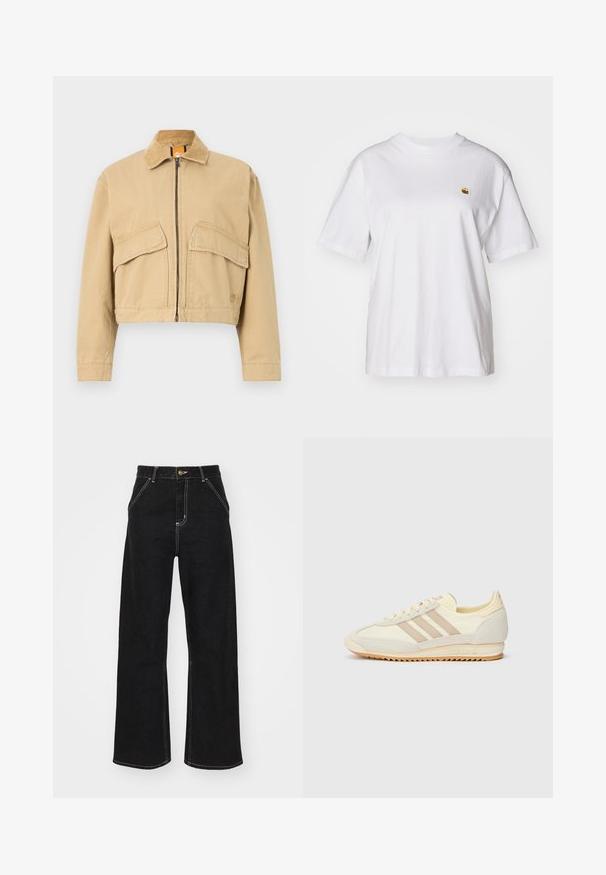 Skraćena bež jakna s čuperkom od kordura, prednjim zatvaračem i dva velika džepa na preklop. Izrađena od čvrstog pamučnog materijala.; Bijela pamučna majica s opuštenim krojem, kratkim rukavima i malim izvezenim logom na lijevoj strani prsnog dela.; Crne široke traperice izrađene od denima, s kontrastnim bijelim šavovima i prednjim kopčanjem na dugme, s dva koso oblikovana prednja džepa.; Kremaste atletske tenisice s tri bež pruge, od nubuk kožne i tekstilne tkanine, s teksturiranim potplatom i utisnutim brendiranjem na peti.