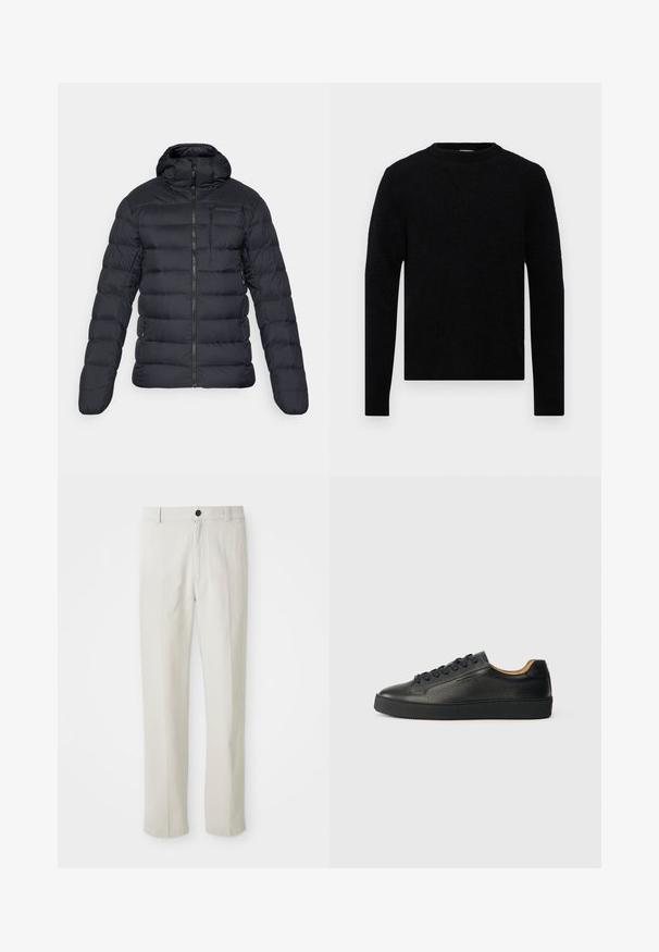 Černá prošívaná péřová bunda s kapucí, se zapínáním na zip vpředu, prošívanými sekcemi pro izolaci a logem na levé straně hrudi.; Filippa K SWEATER - Svetr - black; Krémové kalhoty rovného střihu s poutky na opasek, předním knoflíkem a zipem, vystavené na bílém pozadí.; Černé nízké kožené tenisky s texturovaným povrchem, černými tkaničkami a silnou gumovou podrážkou, zobrazené z boku na světlém pozadí.