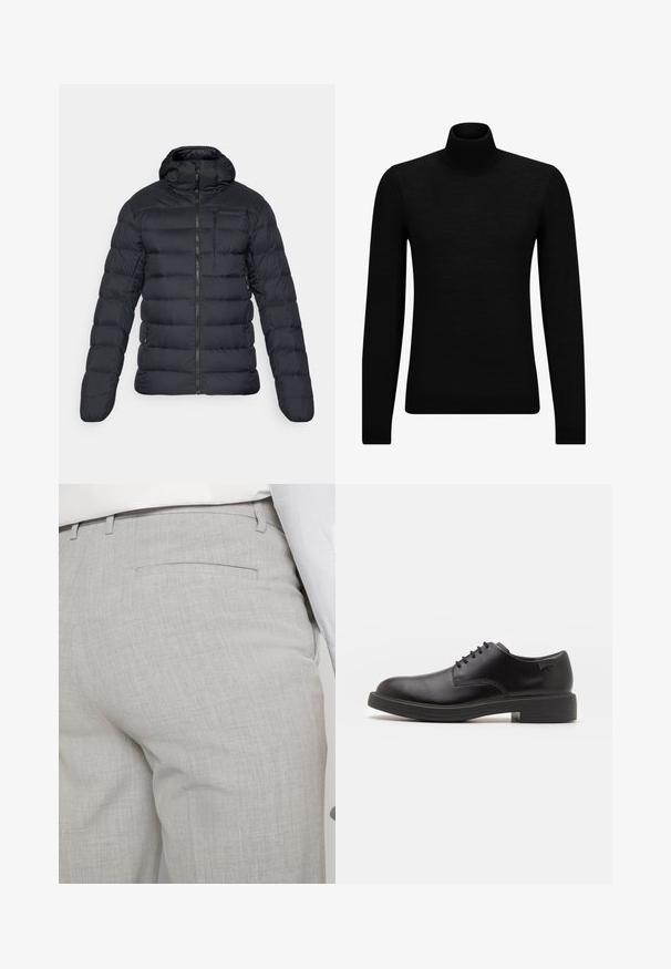 Juodas pūkinis švarkas su gobtuvu, užtrauktuku ir siuvinėta quilt konstrukcija. Lengvas audinys ir siauras siluetas.; Juodas aukšto kaklo megztinis, pagamintas iš minkštos medžiagos, su ilgomis rankovėmis ir prigludusia forma. Su raukiniais apačioje ir rankogaliuose. Paprastas dizainas.; Šviesiai pilkos spalvos pritaikytos kelnės iš faktūrinės medžiagos, turinčios vieną užpakalinę kišenę ir tvarkingus siūlus.; Juodas odinis batų modelis su raišteliais, apvaliu nosiu, lygiu paviršiumi, minimaliai siuvinėjimu ir žemu guminėmis pakulne. Ant pakulnės šalia logo.