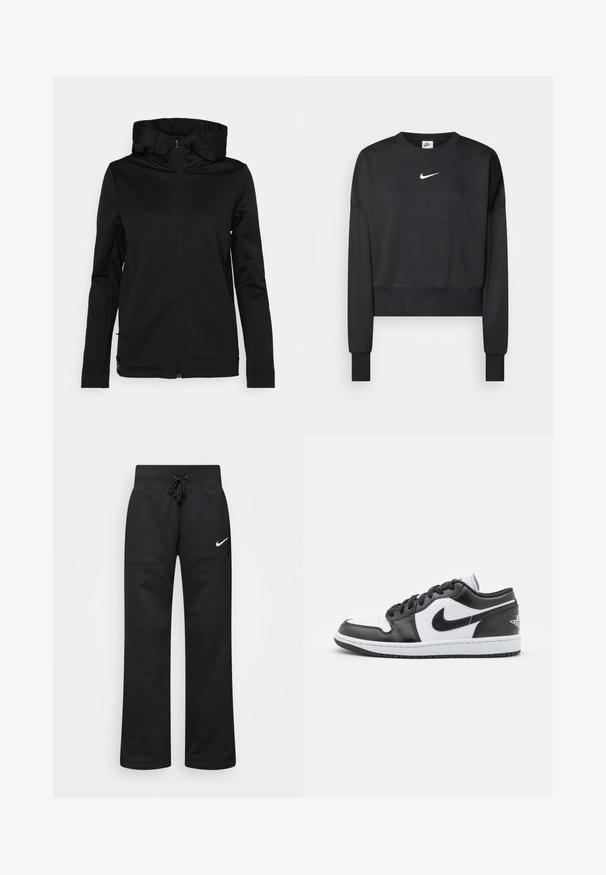 Juodas užtrauktuku užsegamas džemperis su gobtuvu, pagamintas iš lygaus, tamprios medžiagos. Yra ilgos rankovės ir prigludusi silueto forma.; Juoda trumpa medvilnės mišinio džemperis, turintis apvalų iškirpimą, ilgus rankovės ir baltą Nike logotipą krūtinėje.; Juodos medvilnės blend'o treninginės kelnės su raišteliu juosmens srityje, tiesiomis kojomis ir baltu Nike logotipu kairėje pusėje.; Juodos ir baltos Nike žemos sneaker'iai turi lygią odos viršūnę, apvalų pirštą, raištelių uždarymą ir raštuotą gumos pado apačią.