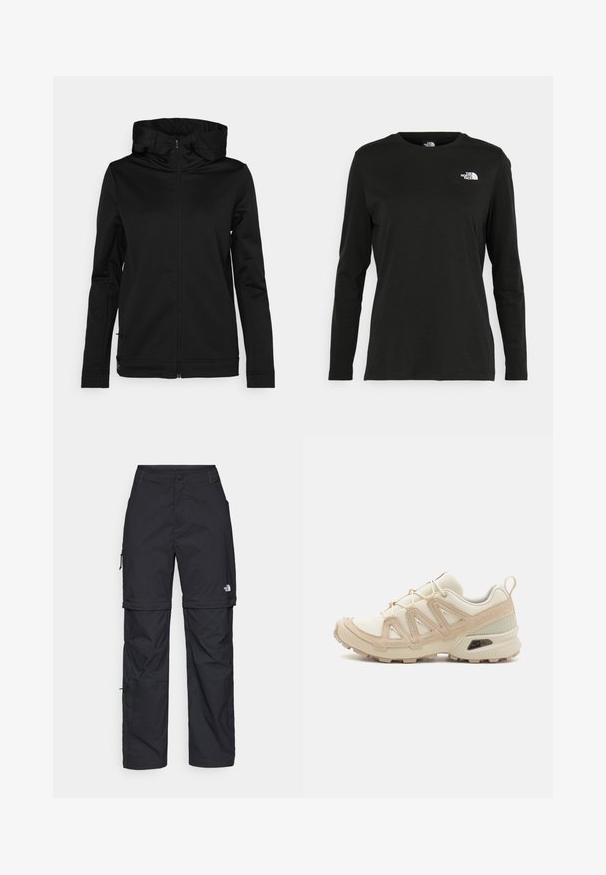 Mustvalge kapuutsiga jakk, valmistatud libedast ja venivast materjalist. Omab pikki varrukaid ja kõhnat siluetti.; Must mustahiheline T-särk, millel on pikad varrukad, valmistatud puuvillast ja ümarast kaelusest. Vasakul rinnal on väike valge logo. Lihtne disain ja sobivus.; Mustad nailonist valmistatud eemaldatavad cargo-püksid, reguleeritavate pahkluudega, mitmete taskutega ja paremal jalal logoga. Sile, kerge tekstuur.; Beež ja koobalti spordijalats tekstureeritud võrkkattega, toetavad ülemised kihid ja kummist tallaga, millel on mustriga joonistus haardeks.