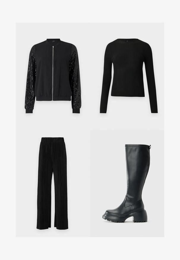 Schwarze Bomberjacke mit durchgehendem Reißverschluss, kontrastierenden, mit Pailletten verzierten Ärmeln, gerippten Bündchen und Saum sowie einem glatten Stoffkörper.; Schwarzer, gerippter, langärmliger, taillierter Pullover mit Rundhalskragen, vor einem schlichten, hellen Hintergrund präsentiert.; Schwarze plissierte Hose mit elastischem Bund. Verfügt über weite Hosenbeine und einen glatten, strukturierten Stoff mit vertikalen Streifen.; Hoher schwarzer Lederstiefel mit einer robusten Plateausohle und Blockabsatz, der über eine Zuglasche und ein strukturiertes Profil an der Außensohle verfügt.