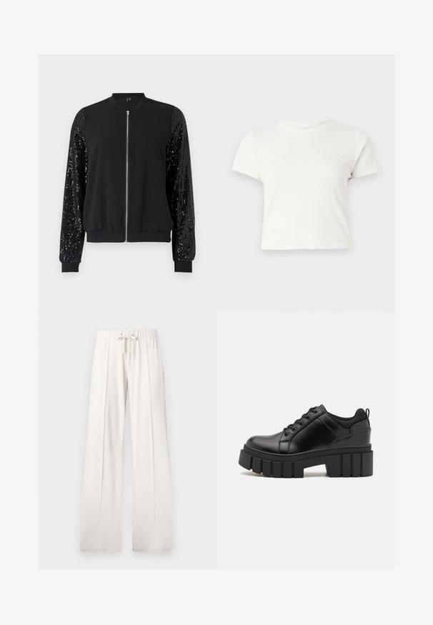 Chaqueta bomber negra con cremallera frontal, mangas con embellishments de lentejuelas en contraste, puños y dobladillo acanalados, y cuerpo de tela suave.; Camiseta corta blanca de algodón con mangas cortas, cuello redondo y dobladillo recto, con una textura suave y un diseño minimalista.; Pantalones de chándal de color beige claro, confeccionados en tejido suave, que cuentan con una cintura con cordón, piernas anchas y costuras verticales, con una textura lisa.; Zapatos de plataforma de cuero negro con un tacón cuadrado grueso, punta redonda y diseño tradicional de cordones. Presenta una textura suave y un detalle minimalista.