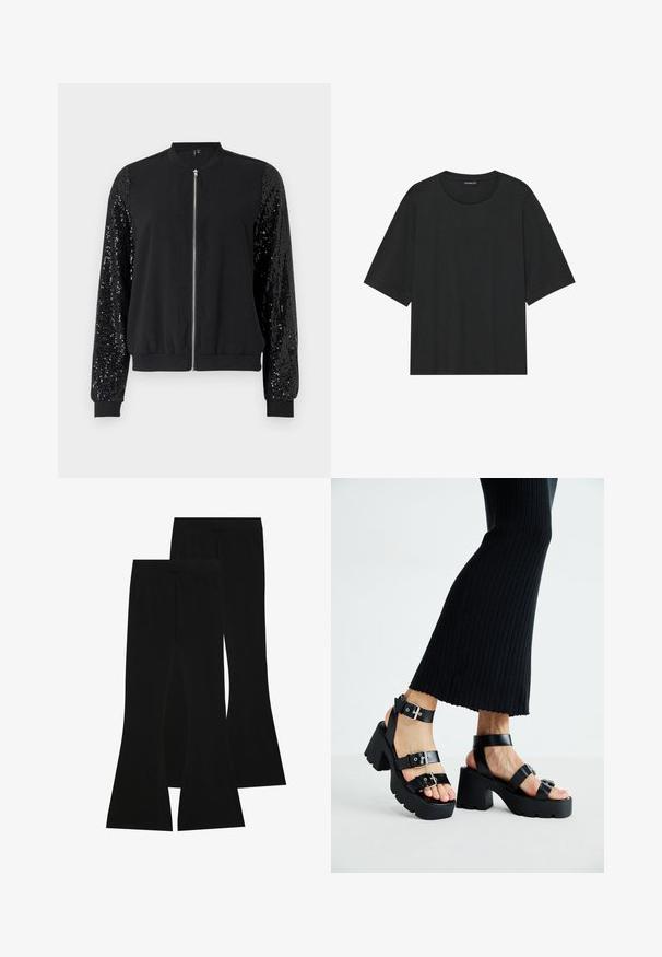Sort bomberjakke med lynlås foran, kontrasterende ærmer prydet med perler, ribbede manchetter og kant, med en glat stofkrop.; Sort kortærmet t-shirt lavet af bomuld. Har en rund hals, løs pasform og ren kant uden synlige mønstre eller hardware.; Sorte flagrende bukser lavet af strækstof, med en høj talje og en glat tekstur, i et tætsiddende design der flares ud fra knæet.; Sorte platfromsandaler med kraftige, skridsikre såler og flere stropper, der har metalspænder og en glat læderlignende tekstur.