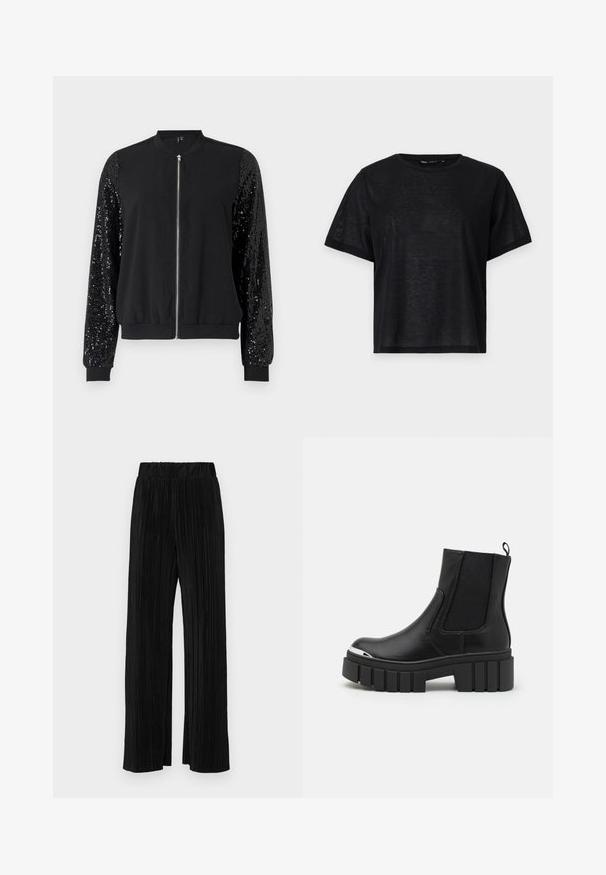 Giubbotto bomber nero con zip frontale, maniche decorate con paillettes in contrasto, polsini e orlo a coste, realizzato in tessuto morbido.; T-shirt nera a maniche corte con una vestibilità rilassata, caratterizzata da una texture liscia e un collo a giro. Tessuto leggero con una leggera lucentezza.; Pantaloni neri a plissé con vita elasticizzata. Presentano gamba ampia e un tessuto liscio e texture con strisce verticali.; Stivali neri alla caviglia in pelle liscia con pannelli elasticizzati, suola a piattaforma spessa e punta metallica.