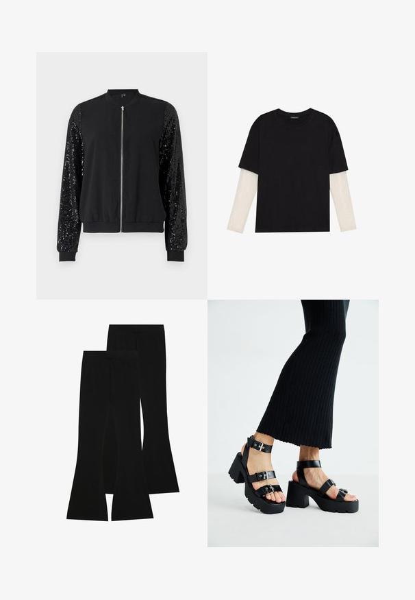 Sort bomberjakke med lynlås foran, kontrasterende ærmer prydet med perler, ribbede manchetter og kant, med en glat stofkrop.; Sort T-shirt lavet af bomuld, med korte ærmer over et hvidt langærmet lag med et subtilt tekstureret mønster. Design med rund hals.; Sorte flagrende bukser lavet af strækstof, med en høj talje og en glat tekstur, i et tætsiddende design der flares ud fra knæet.; Sorte platfromsandaler med kraftige, skridsikre såler og flere stropper, der har metalspænder og en glat læderlignende tekstur.