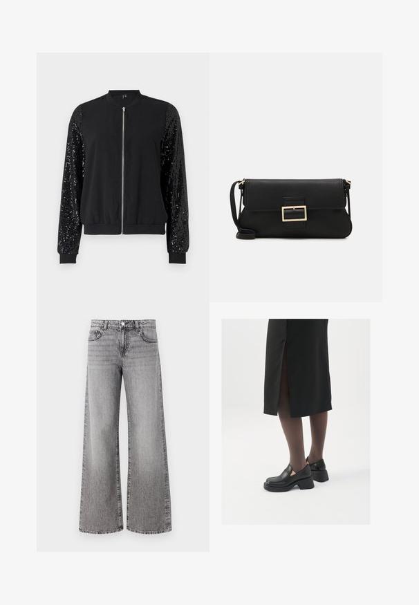 Schwarze Bomberjacke mit durchgehendem Reißverschluss, kontrastierenden, mit Pailletten verzierten Ärmeln, gerippten Bündchen und Saum sowie einem glatten Stoffkörper.; Weißes ärmelloses Tanktop aus geripptem Stoff, mit rundem Ausschnitt und figurbetonter Silhouette, minimalen Nähten und ohne Verzierungen.; Weite Jeans aus grauem Denim mit einem ausgewaschenen Finish. Verfügt über klassische Taschen und einen Knopfverschluss an der Taille.; Schwarze Lederschuhe mit abgerundetem Zeh, dicker Blockabsatz und elastischen seitlichen Akzenten, kombiniert mit dunklen Strumpfhosen und einem schwarzen Rock mit Schlitz.; Schwarze Leder-Clutch mit Klappe und goldfarbenem Metallschnallen-Detail. Enthält einen schwarzen Riemen und ein schlankes, minimalistisches Design.; Silberne Creolen mit gedrehter Gestaltung, ausgestattet mit einer polierten Oberfläche und einer Steckverschluss. Sie haben einen Durchmesser von ca. 3 cm.