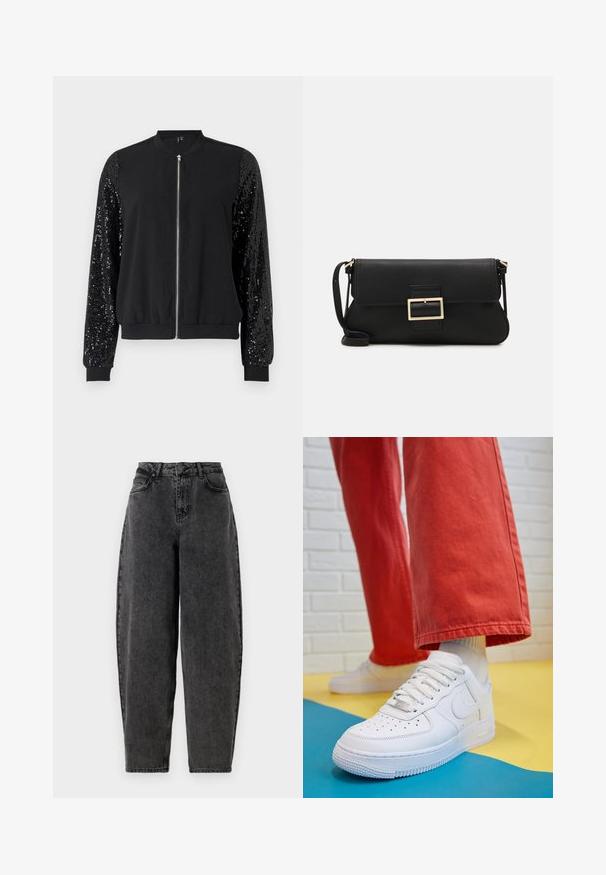 Černá bomber bunda se zipem vpředu, kontrastní rukávy zdobené flitry, žebrované manžety a lem, s hladkým tělem z látky.; Bílý bezrukávový top vyrobený z ribbed látky, s kulatým výstřihem a přiléhavým střihem, s minimem švů a bez ozdob.; Černé džíny s vysokým pasem a uvolněným střihem, které mají klasický pětipocketový design a knoflíkový zip. Texturovaná, nenažehlená látka.; Bílé kožené tenisky s perforovanou špičkou, texturovanou podešví a bílými tkaničkami, v kombinaci s širokými červenými kalhotami a modro-žlutým pozadím.; Černá kožená psaníčko s klopou a zlatým kovovým detailním sponou. Součástí je černý popruh a elegantní, minimalistický design.; Stříbrné kruhové náušnice s točeným designem, se lesklým povrchem a uzávěrem na kolík. Průměr přibližně 3 cm.