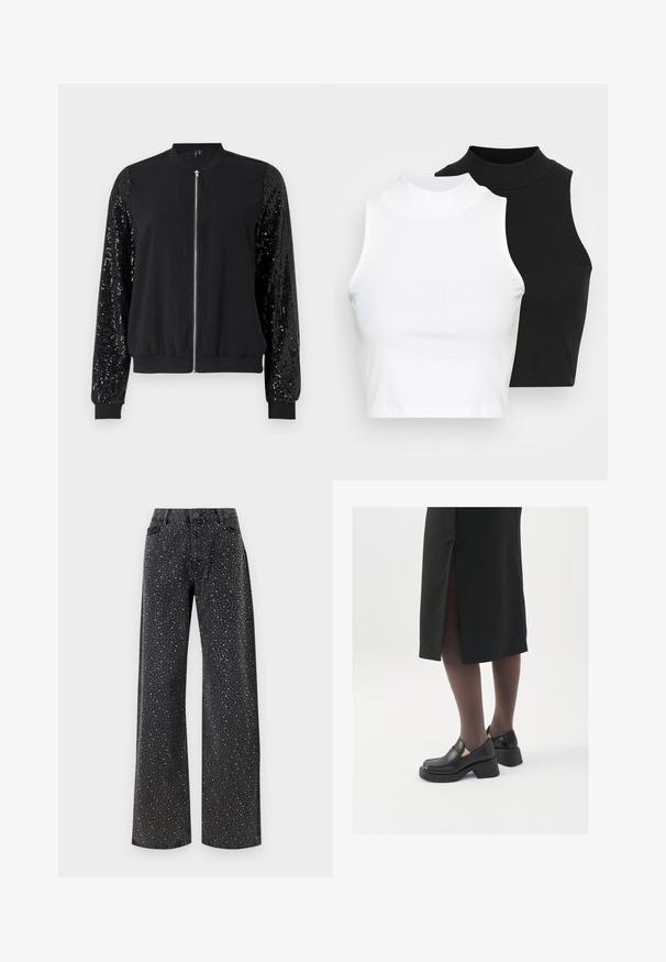 Fekete bomber dzseki, cipzáros elülső résszel, kontrasztos flitterekkel díszített ujjak, bordás mandzsetták és alj, sima anyagú testtel.; Két ujjatlan, bordázott garbós top fekete és fehér színben, testhezálló kialakítással és sima textúrával, rövidített hosszal.; Noisy May NMJANNEL LOOSE - Laza szabású farmerek - black denim; Fekete bőr cipők lekerekített orral, vastag blokk sarkakkal és elasztikus oldalsó díszítésekkel, sötét harisnyával és hasítékkal ellátott fekete szoknyával párosítva.