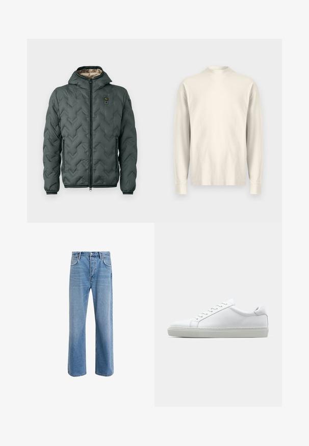 Dunkelgrüne gepolsterte Jacke mit Kapuze, ausgestattet mit einem Reißverschluss, Chevron-Steppung und elastischen Bündchen. Gefüttert mit einem kontrastierenden beigen Material.; Langärmliges Shirt mit Stehkragen aus leichtem cremefarbenem Baumwollstoff. Glatte Textur, lockere Passform, minimalistisches Design, keine sichtbaren Muster oder Akzente.; Helle blaue Jeans im Geradeschnitt-Design, mit fünf Taschen, Knopfverschluss, minimaler Ausbleichung und kontrastierenden Nähdetails.; Weißer Sneaker mit glattem Lederobermaterial und niedrigem Profil. Verfügt über eine runde Zehenpartie, sechs Ösen und eine strukturierte Gummisohle.