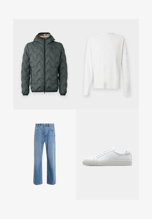 Dunkelgrüne gepolsterte Jacke mit Kapuze, ausgestattet mit einem Reißverschluss, Chevron-Steppung und elastischen Bündchen. Gefüttert mit einem kontrastierenden beigen Material.; Langärmliges weißes Baumwollhemd mit rundem Ausschnitt, seitlichen Schlitzen am unteren Rand und glatter Textur, von hinten präsentiert.; Helle blaue Jeans im Geradeschnitt-Design, mit fünf Taschen, Knopfverschluss, minimaler Ausbleichung und kontrastierenden Nähdetails.; Weißer Sneaker mit glattem Lederobermaterial und niedrigem Profil. Verfügt über eine runde Zehenpartie, sechs Ösen und eine strukturierte Gummisohle.