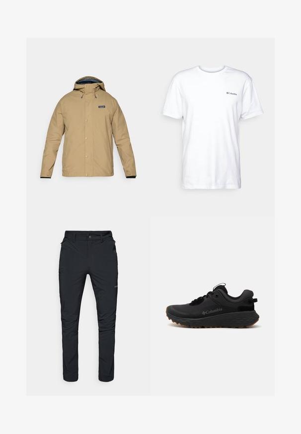 Beige vattentät jacka med huva, tryckknappar och en svart innerfoder. Har en logotyp patch på vänster bröst och justerbara ärmslut.; Vit bomull t-shirt med korta ärmar, rund hals, och en liten svart Columbia-logotyp på vänster bröst. Mjuk, enkel design.; Svarta utomhusbyxor med rak passform, med fickor med dragkedja, bältesholkar och en lätt, hållbar tygkvalitet.; Svart Columbia träningsskor med en texturerad yta, vadderad krage och gummisulor med ett distinkt mönster för grepp.
