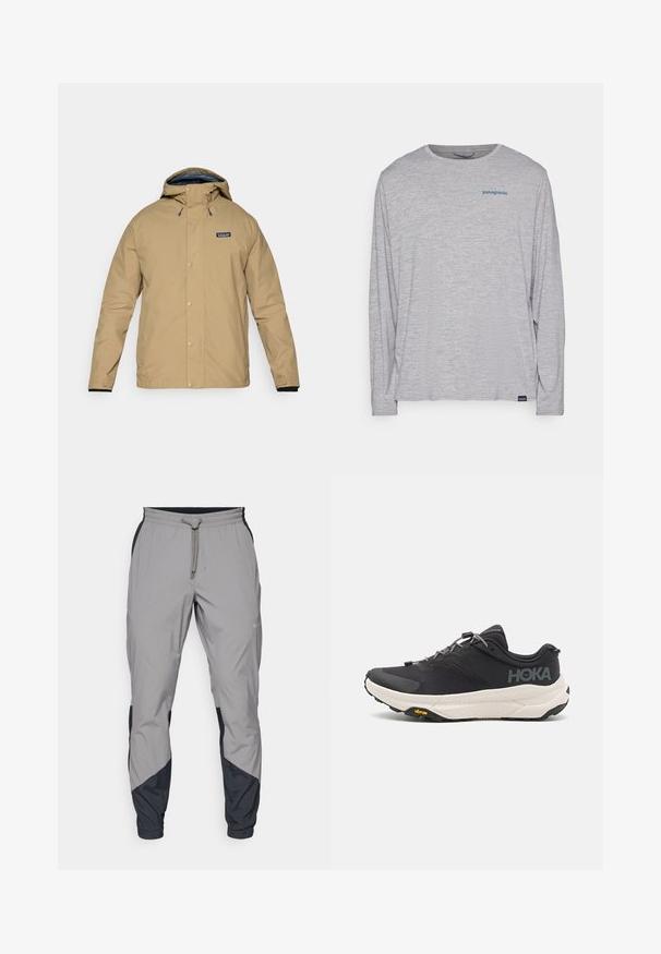 Beige vanntett jakke med hette, trykknapper og svart innvendig fôr. Har et logo-patch på venstre bryst og justerbare mansjetter.; Lys grå langermet t-skjorte laget av myk, teksturert stoff. Har rund hals og en liten blå Patagonia-logo på brystet.; Lettvektige, grå treningsbukser med svarte detaljer. Elastisk midjebånd, snøring, tapered benedesign og sidelommer.; Svart treningssko med teksturert overdel, grå detaljer, reflekterende elementer og en tykk hvit såle med Vibram-merke.