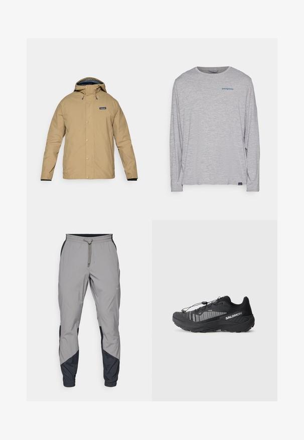 Bež vodootporna jakna s kapuljačom, umetnutim gumbima i crnim unutarnjim postavom. Ima oznaku na lijevoj strani prsnog koša i podesive manžete.; Svijetlosivi dugi rukav majica od mekanog, teksturiranog materijala. Ima okrugli izrez i mali plavi Patagonia logo na prsima.; Lagane, sive atletske hlače s crnim akcentima. Elastični pojas, zatvaranje na vezicu, dizajn suženih nogavica i bočne džepove.; Crne trail trkačke cipele s teksturiranim mrežastim gornjim dijelom, reflektirajućim detaljima, ublaženim potplatom i elastičnim sustavom vezanja. Logotip sa strane.