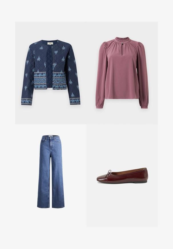 Námořnická prošívaná bunda s modrými vyšívanými květinovými vzory. Má kulatý výstřih a otevřený přední díl, dlouhé rukávy a texturované detaily.; Halenka s dlouhým rukávem v barvě mauve, s nařaseným límcem, výstřihem ve tvaru klíče se zapínáním na knoflík a mírně našitými rameny.; Svetle modré denimové široké kalhoty s vysokým pasem, dvěma předními kapsami a viditelným švem. Obsahují knoflíkový a zipový uzávěr.; Burgundské lakové baleríny s kulatou špičkou, malou mašlí vpředu a nízkou černou gumovou podrážkou. Hladký povrch.