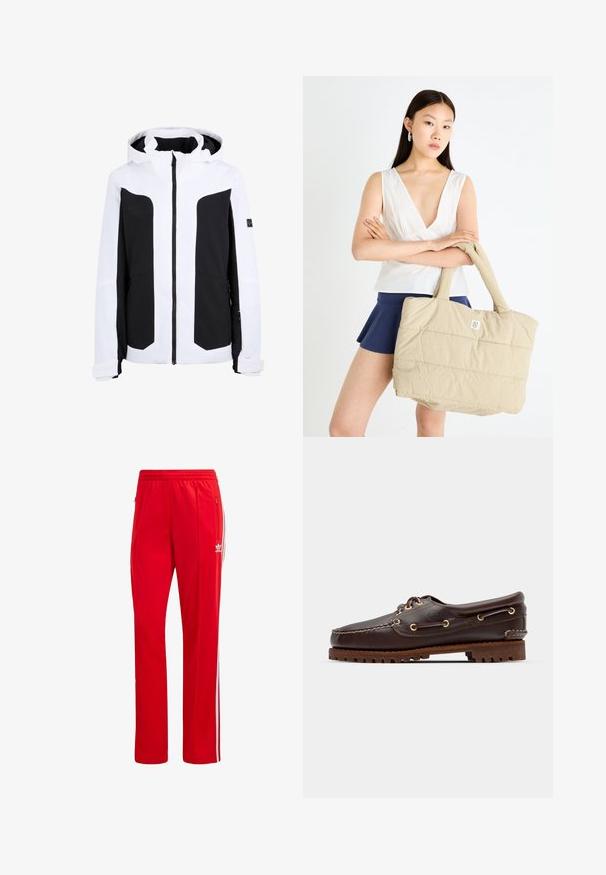 Black and white jacket featuring a zip front, hood, large black panels on chest, and two side pockets with zip closures. Smooth fabric texture.; White cotton t-shirt with a classic crew neck, short sleeves, and a fitted shape. No patterns or accents visible.; Red athletic pants made of polyester, featuring white side stripes and an elastic waistband. Includes zippered pockets for storage.; Brown leather boat shoe with gold eyelets, round laces, and a textured brown rubber sole. Features stitched detailing and a raised logo.; Beige quilted tote bag with padded texture and sturdy handles, featuring a small logo on the front. Model wearing a white top and navy skirt.