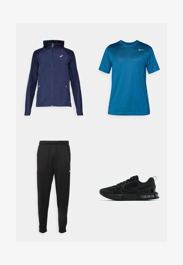 Σκούρο μπλε τζάκετ με κουκούλα, κατασκευασμένο από ελαφρύ υλικό, με πλήρη φερμουάρ, πλαϊνές τσέπες και αντίθετες κίτρινες λεπτομέρειες.; Αθλητικό t-shirt κοντό μανίκι σε μπλε χρώμα, κατασκευασμένο από απαλό, ύφασμα που απορροφά την υγρασία. Διαθέτει στρογγυλή λαιμόκοψη και ένα μικρό λογότυπο στο στήθος.; Μαύρο αθλητικό παντελόνι από λείο ύφασμα, με ελαστική μέση, κοφτά μπατζάκια και μικρό λευκό λογότυπο στην αριστερή πλευρά.; Μαύρο αθλητικό παπούτσι Nike με διαπνέον επάνω μέρος, καουτσούκ σόλα, μαξιλαρωμένο κολάρο και διακριτικό διάφανο τμήμα στη φτέρνα.