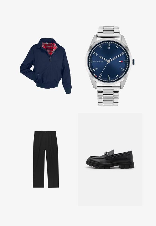 Námořnická modrá bomber bunda s červeným kostkovaným podšívem, zapínáním na zip, žebrovanými manžetami a spodním lemem. Obsahuje límec a kapsy.; Sada osmi černých bavlněných triček s krátkým rukávem a kulatým výstřihem, s jednoduchým designem a jemnou texturou.; Černé kalhoty s rovnými nohavicemi, vyrobené z hladké tkaniny. Mají přední záhyby a jedno knoflíkové zapínání v pase.; Černé kožené mokasíny s kulatou špičkou, dekoračním páskem a kovovými prvky, a masivní texturovanou podrážkou. Hladký povrch s jemnými detaily.; Stříbrné kovové hodinky s broušeným modrým ciferníkem, bílými hodinovými indexy a zobrazením data. Mají spojený kovový pásek a logo značky.