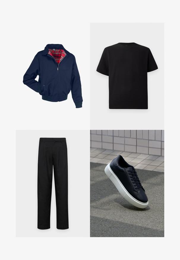 Tumesinine pommijakk punase ruudulise voodriga, lukuga esiosa, ribidega mansetid ja vöökoht. Omab kaelust ja taskuid.; Must have lühikeste varrukatega must T-särk, mis on valmistatud tekstuursetest materjalidest, ümmarguse kaelusega ja lõdva lõikega. Lihtne, ilma mustrite või aktsentideta.; Mustad mustadest riietest, millel on sirge jalgade disain, kaks eesmist voltimist ja tavaline vöökoht, millel on vöökohad.; Mustast nahast tennisetoss, millel on ümar nina ja valge kummist tall. Omab siredaid paelu ja minimaalset õmblemist ülemises osas. Tekstuuriga tald, mis tagab haakuvuse.