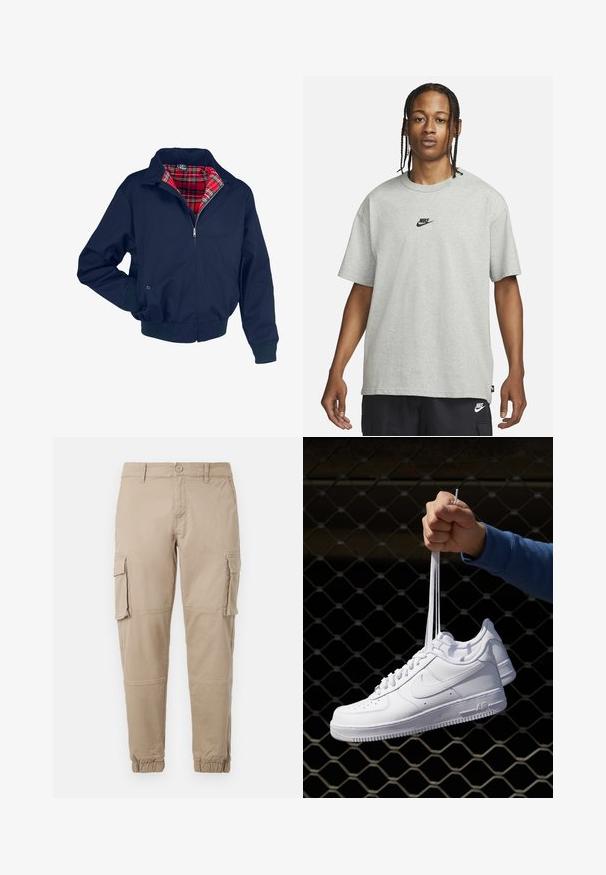 Temno modra jakna bombnik z rdečim karirastim obložkom, z zadrgo spredaj, rebrastimi manšetami in pasom. Ima ovratnik in žep.; Mlad človek z zasebnimi lasmi, oblečen v svetlo sivo majico Nike in črne kratke hlače Nike pred enostavno belo kuliso.; Bežne cargo hlače iz lahkega bombažnega materiala. Imajo elastične manšete, več stranskih žepov in gumbasto zapiranje.; Bela usnjena športna obutev s perforacijami, okroglo konico, ravnim podplatom in debelimi vezalkami, z vidnim logotipom smoosh in napisom "AIR" na peti.