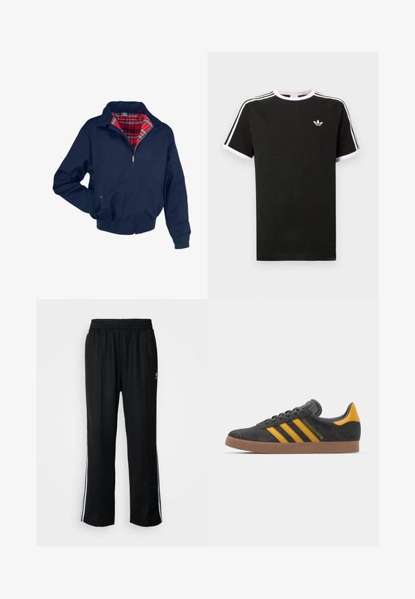 Marineblå bomberjakke med rød rutete fôr, glidelås foran, ribbestrikkede mansjetter og liv. Har krage og lommer.; Svart t-skjorte laget av bomull med hvite detaljer. Har korte ermer, raglan-design og en liten logo på brystet. Tre hvite striper på skuldrene.; Sorte treningsbukser med elastisk midjebånd, med hvite sidestiper og en liten logo. Materialet ser mykt og lett ut.; Sort skinnesko i svart semsket skinn med gule detaljer, med tre striper og en brun gummisåle. Inkluderer en polstret tunge for komfort.