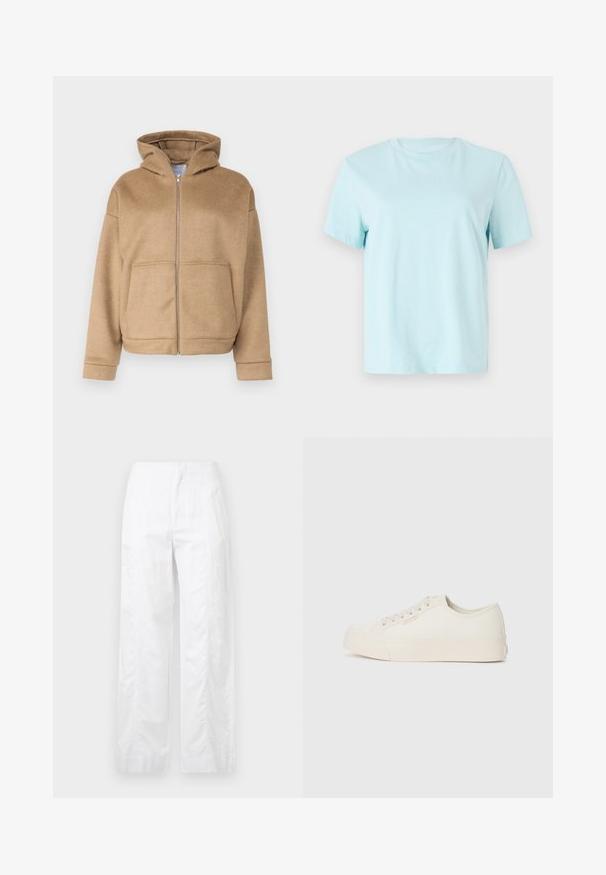 Tan zip-up hoodie made of soft fabric, featuring a hood, front pockets, and wide cuffs. Simple design with a textured finish.; Light blue cotton t-shirt featuring short sleeves, a crew neck, and subtle 'Calvin Klein' embroidered logo on the front.; White wide-leg trousers made of lightweight fabric, featuring a smooth texture, clean lines, and a high waist design.; Sneakers made of off-white canvas, featuring a low-top design, round toe, and flat rubber sole with subtle stitching detail.