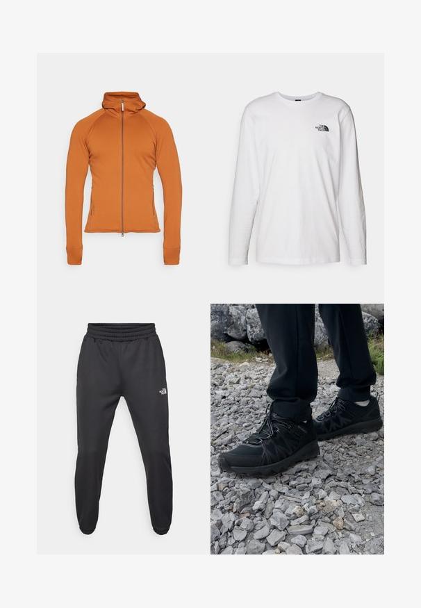 Houdini POWER - Forro polar - cinnamon brown; Camiseta de manga larga blanca de algodón con cuello redondo. Presenta un pequeño logotipo negro en el pecho. Textura suave, corte regular.; Pantalones deportivos negros con cintura ajustable mediante cordón, corte tapered, puños elásticos y un pequeño logo blanco en el muslo izquierdo, fabricados en tejido suave.; Zapatos exteriores negros con malla y material sintético, que presentan un upper texturizado, un sistema de cordones seguro y una suela robusta, sobre terreno rocoso.