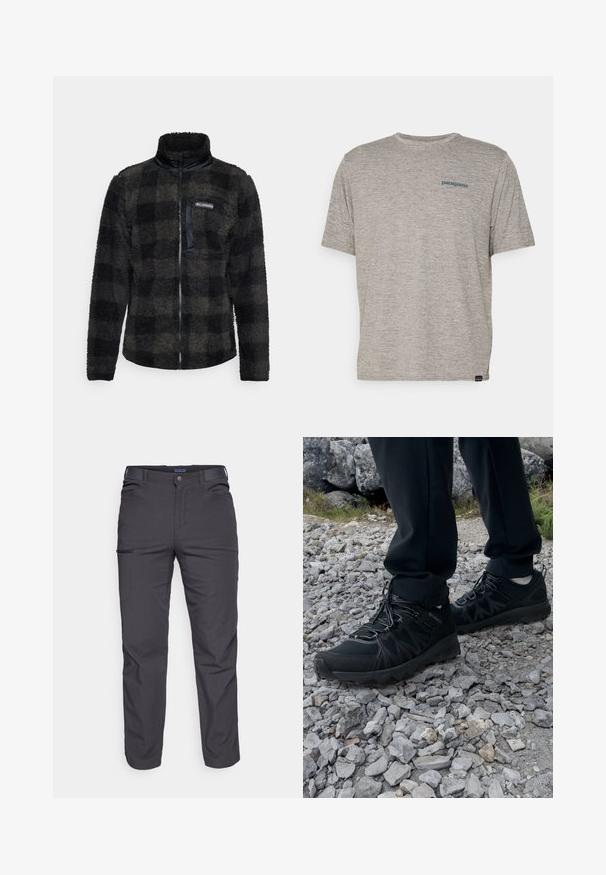 Giacca in pile zip-up a scacchi neri e grigi con colletto alto e una tasca nera liscia. Materiale morbido e texturizzato per il calore.; T-shirt grigio a maniche corte realizzato in un morbido tessuto di texture, con un piccolo logo blu di Patagonia sul lato sinistro del petto. Senza ulteriori fantasie.; Pantaloni grigi scuri realizzati in tessuto resistente, dotati di tasca con zip, taglio dritto e passanti per cintura per una vestibilità regolabile.; Scarpe da esterni nere realizzate in mesh e materiale sintetico, con una parte superiore testurizzata, un sistema di allacciatura sicuro e una suola robusta, su terreno roccioso.