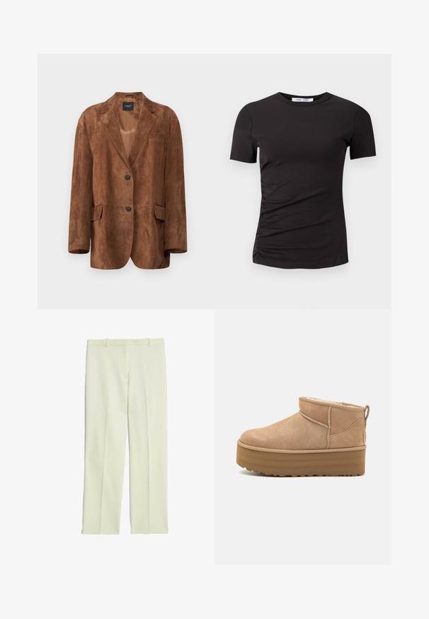 WEEKEND MaxMara OGGI - Leather jacket - terra; Black short-sleeve t-shirt made of soft fabric, featuring a crew neck and gathered detailing on the left side for subtle texture.; Cream-colored tailored trousers with a straight-leg design, featuring a flat front, belt loops, and a smooth texture.; Beige suede ankle boots with a plush interior, featuring a platform sole and a pull tab at the back for easy wear. Textured rubber outsole.