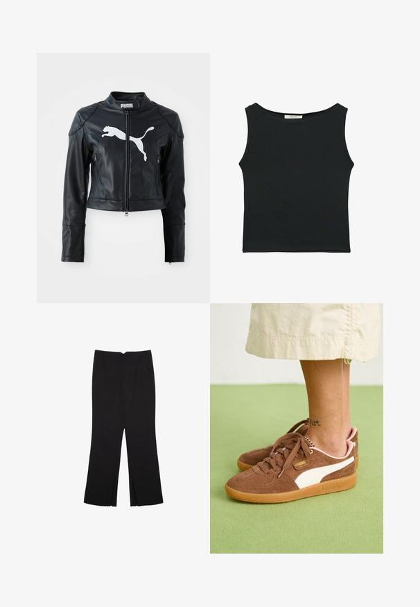 Čierna kožená skrátená bunda s stojatým golierom, predným zipsom a dvomi zipsovými vreckami. Na hrudi sa nachádza biele logo Puma.; Čierny bezrukávový top vyrobený z hladkej tkaniny, s okrúhlym výstrihom a priliehavým strihom bez viditeľných vzorov alebo ozdôb.; Čierne nohavice so strihom rovného strihu, s prednými vreckami a bočnými rozparkami na leme. Vyrobené z mäkkej, hladkej tkaniny. Vhodné na rôzne príležitosti.; Hnedé semišové tenisky s bielymi akcentmi, gumovou podrážkou a ružovou pätou. Viditeľné šnúrky a detail značky. Čiastočne viditeľné tetovanie na členku.